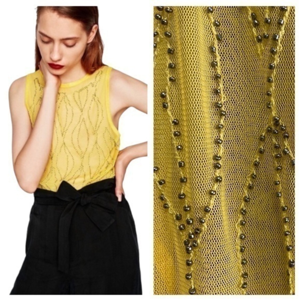 Zara Yellow Beaded Tank Top Medium